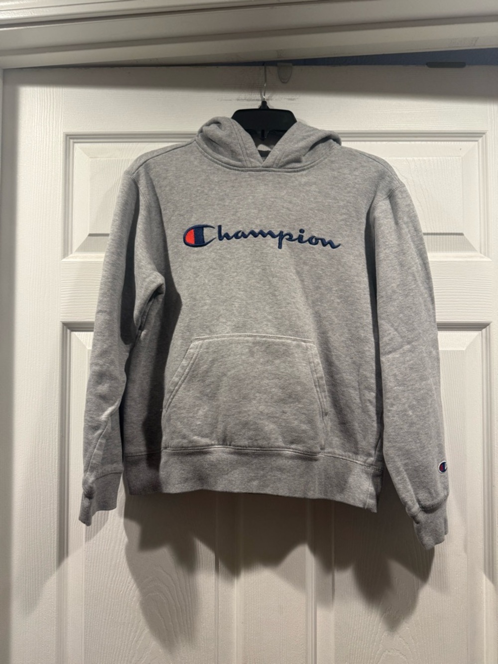 Champion Gray Hooded Sweatshirt with Navy & Red Logo. size large